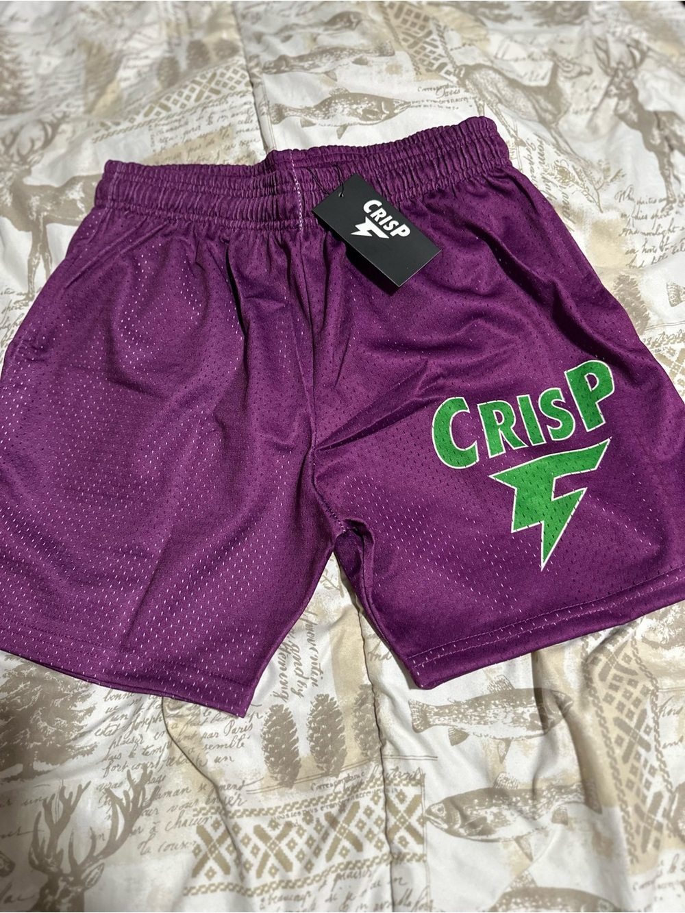 Crispy NYC Unisex Purple Athletic Mesh Shorts with Green Logo